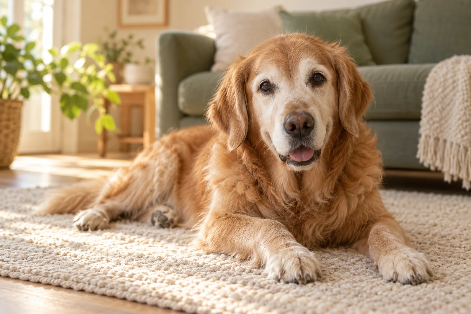 Illustrative senior golden retriever resting on a cream rug beside a sage sofa