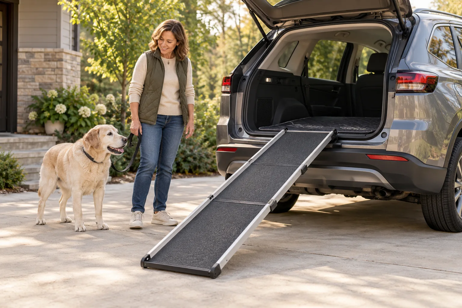 Senior dog waiting beside a wide ramp leading into an SUV cargo area.