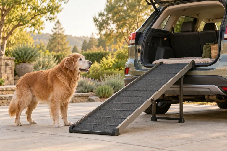 Senior golden retriever beside a textured dog ramp leading into a parked SUV.