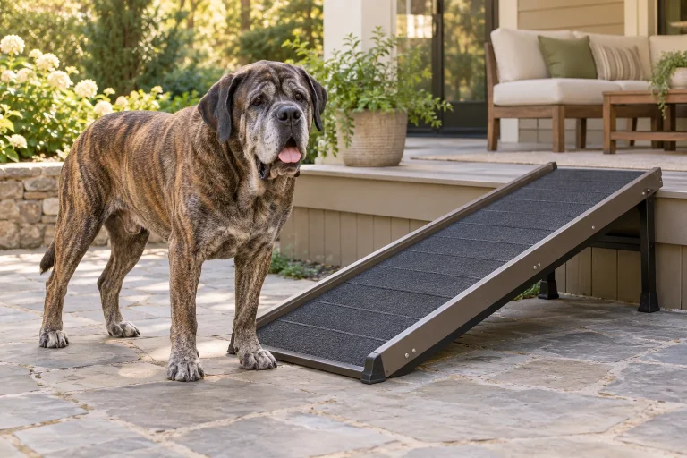 Large senior mastiff beside a wide nonslip ramp leading to a low garden deck.