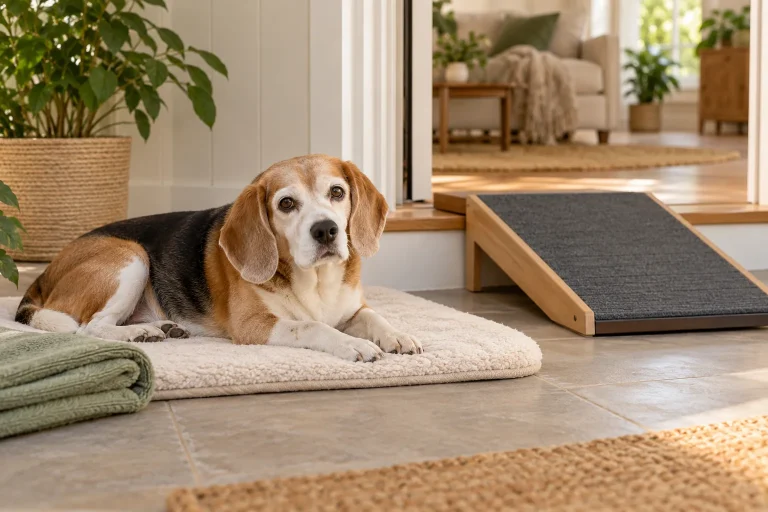 Senior beagle resting on a low mat near a short ramp in a quiet home recovery area.