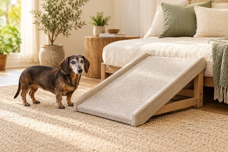 Small senior dachshund beside a carpeted ramp leading to a low daybed.