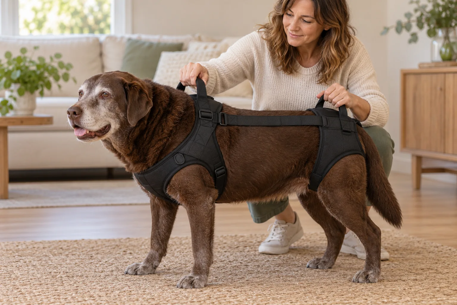 Senior Labrador wearing a full-body support harness with separate chest and rear handles.