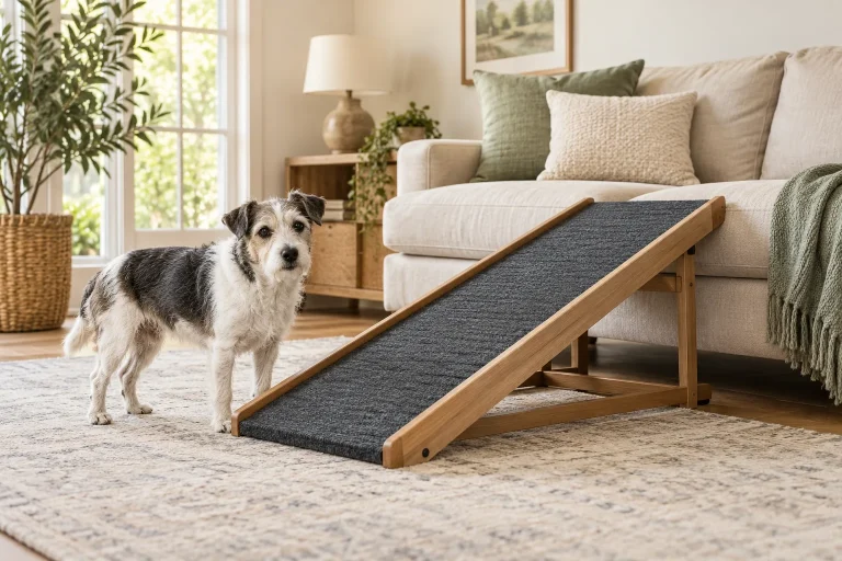 Senior terrier beside a wood-framed nonslip ramp leading to a linen sofa.