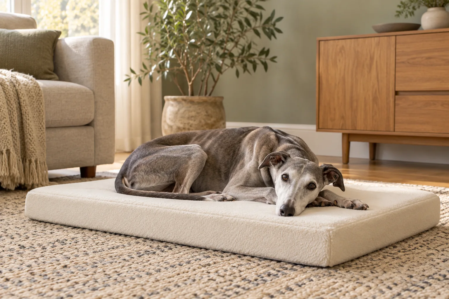 Senior whippet resting on a low-profile foam dog mattress with a flat, unobstructed edge.