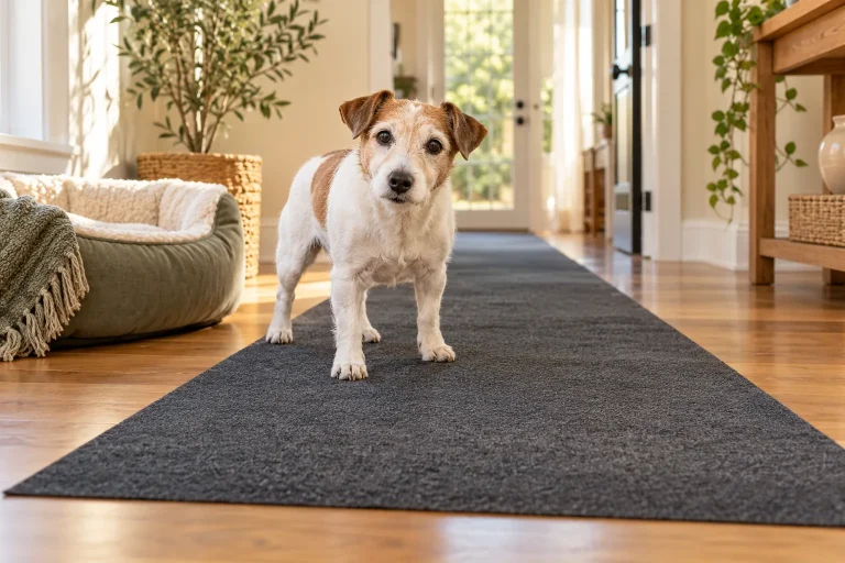 Senior terrier standing on a flat nonslip runner laid across a wood floor.