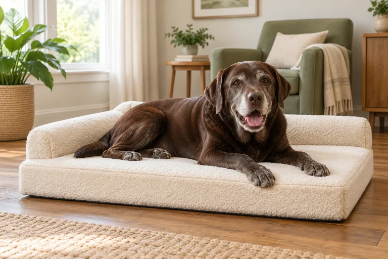 Senior chocolate Labrador resting on a cream dog bed with a supportive foam base.