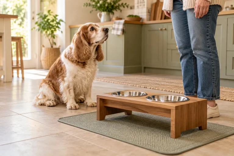Low feeding stand with two stainless-steel bowls and a senior spaniel sitting nearby.