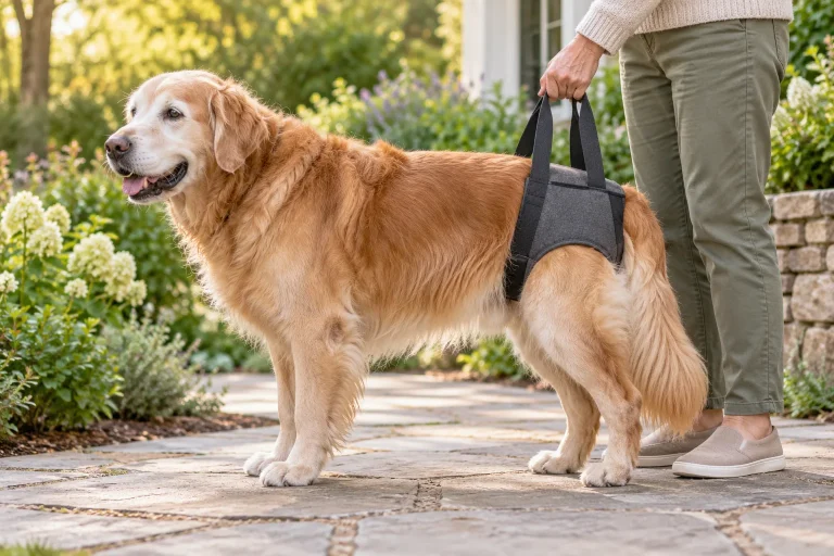 Owner steadying a senior golden retriever with a padded rear-support sling on a level path.