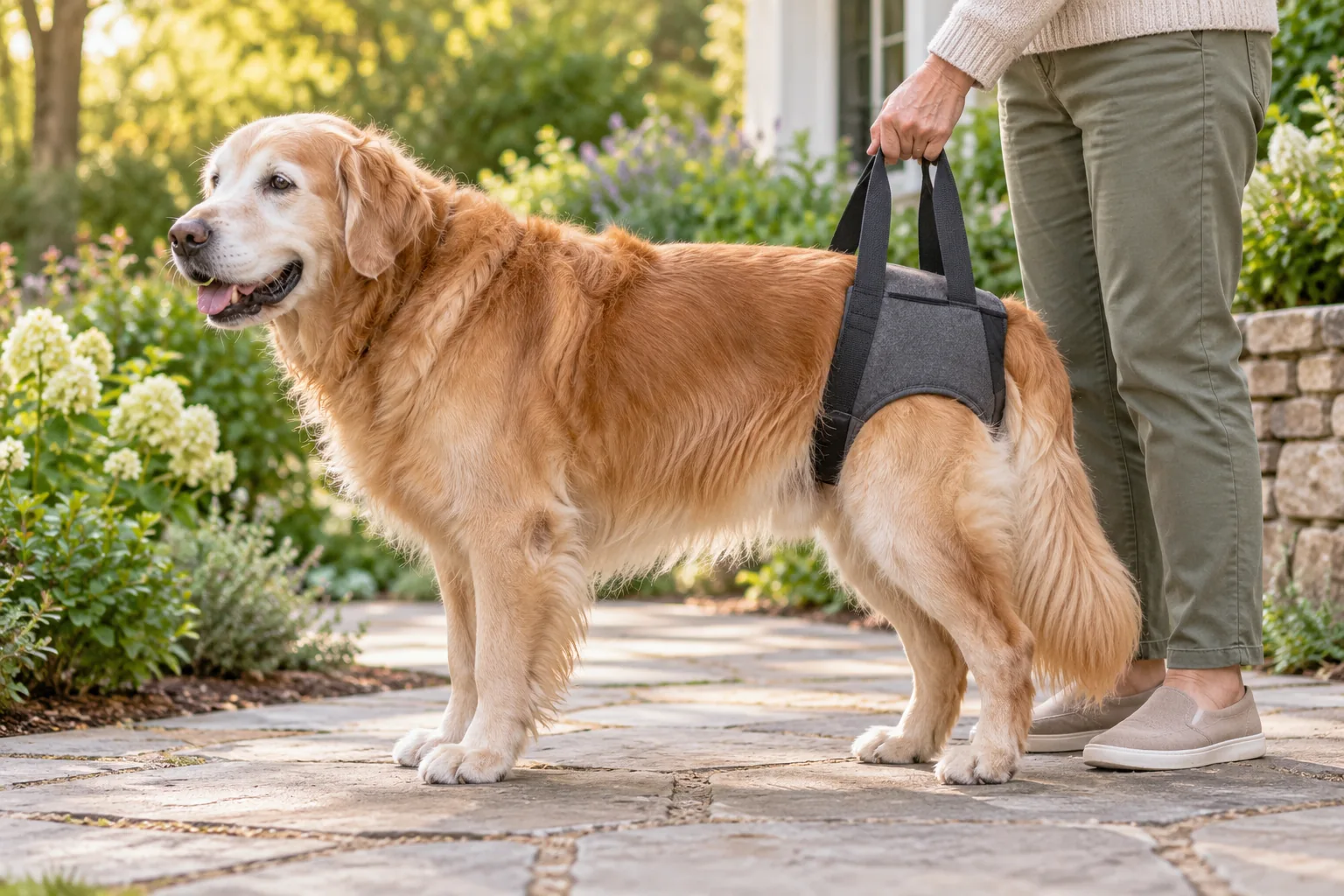 Owner steadying a senior golden retriever with a padded rear-support sling on a level path.