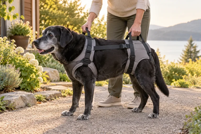 Owner holding the handles of a mobility support harness on a senior black Labrador.