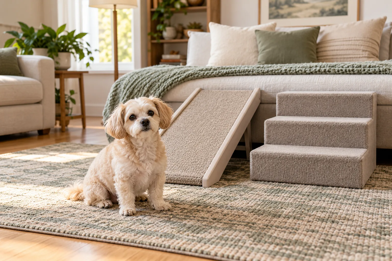 Senior dog in front of a carpeted ramp and broad pet steps beside a low platform.