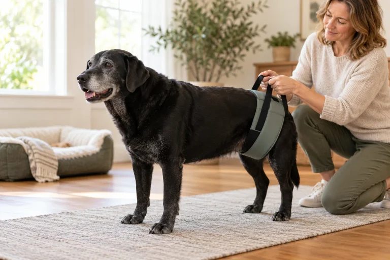 Owner gently steadying a senior black Labrador with a rear sling on a nonslip mat.