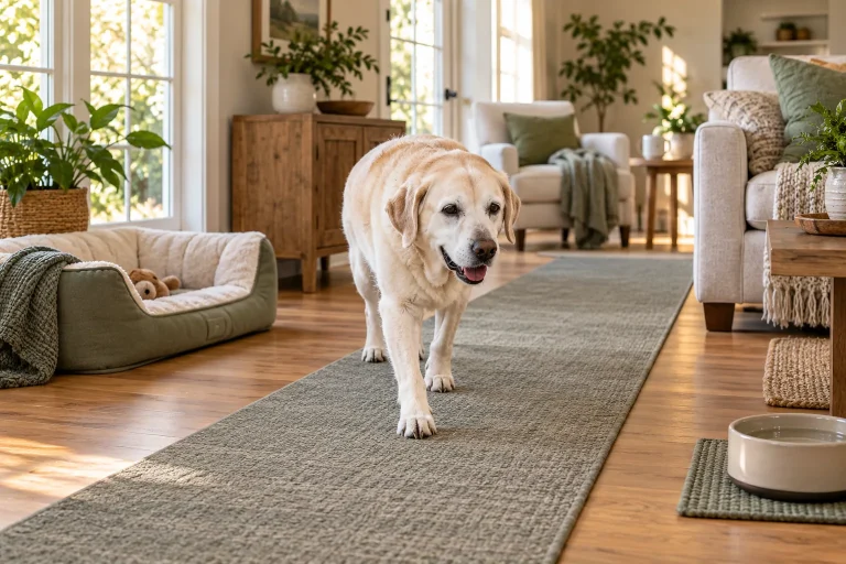 Senior Labrador following a nonslip runner past a low dog bed in an uncluttered living room.