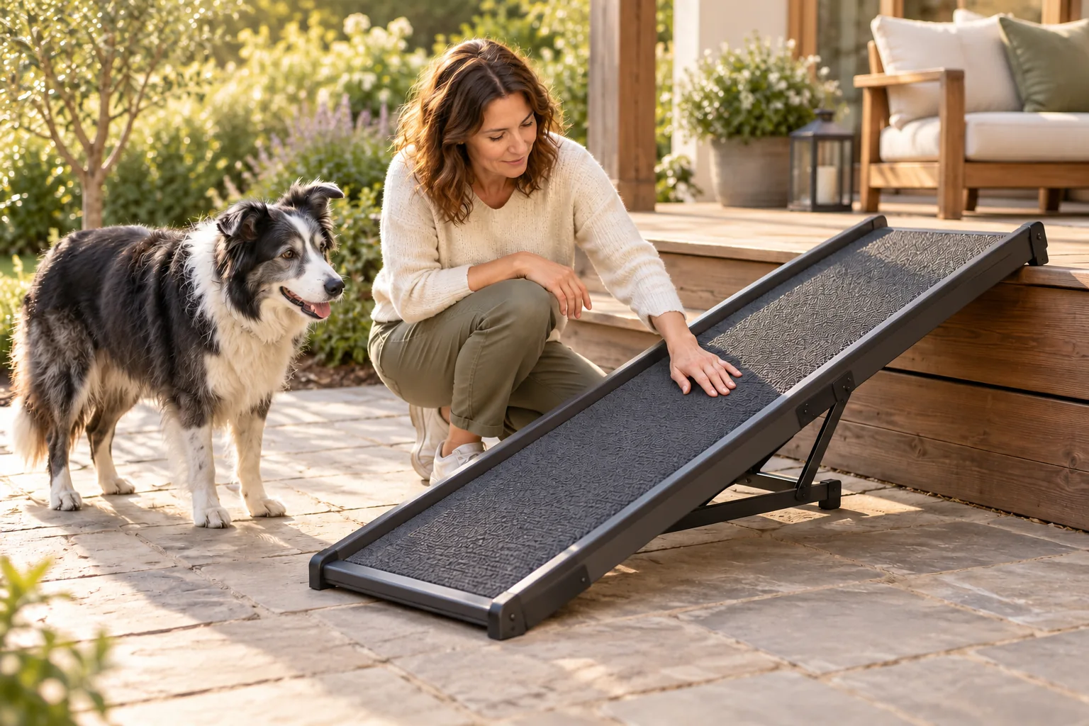 Owner checking a textured dog ramp beside a low deck while a senior border collie waits nearby.