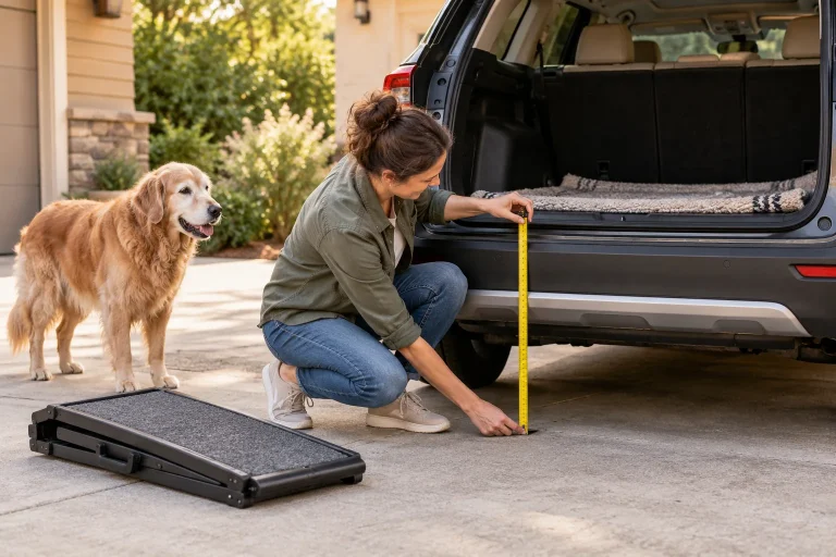 Owner measuring the height of an SUV cargo opening with a folded dog ramp nearby.