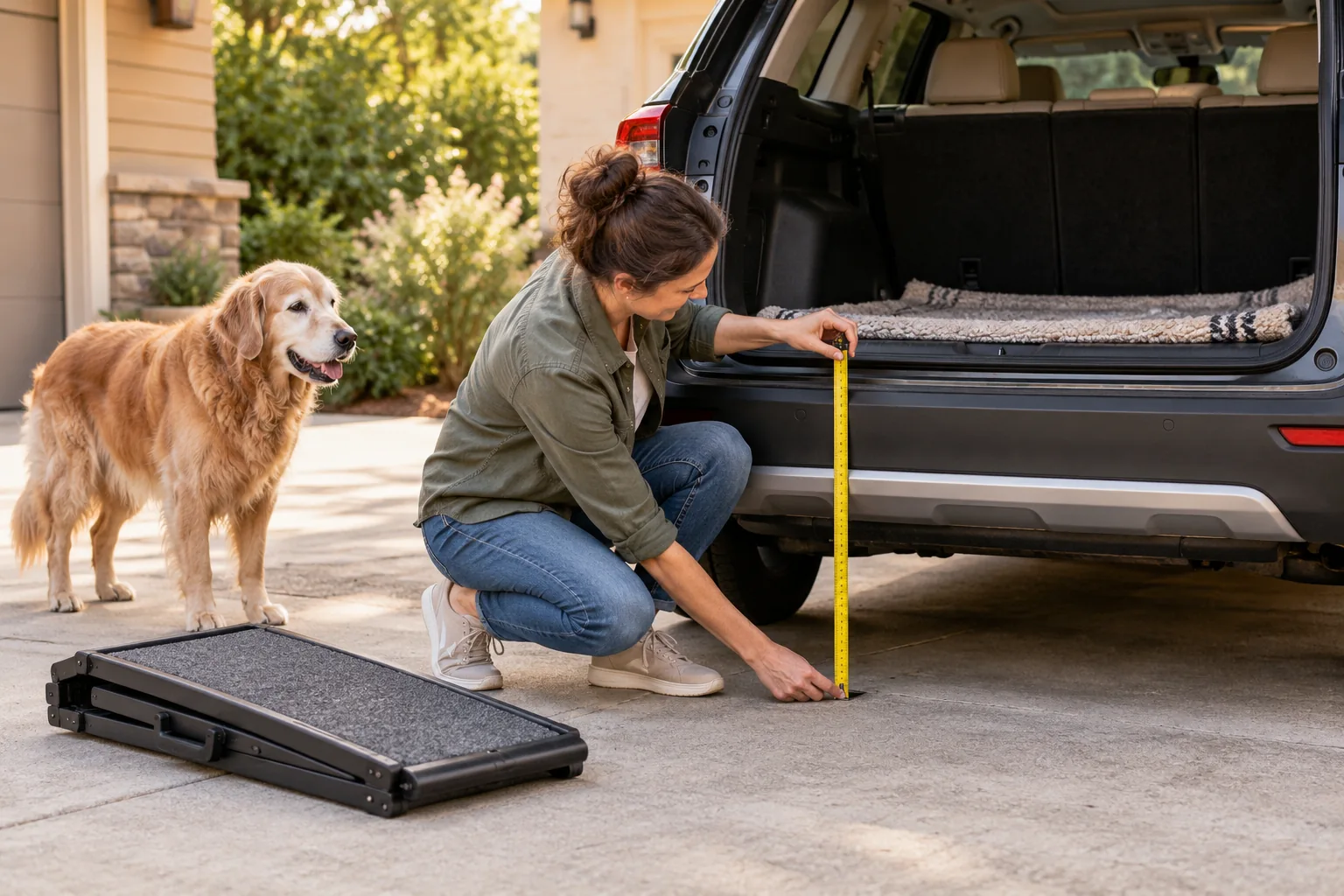 Owner measuring the height of an SUV cargo opening with a folded dog ramp nearby.