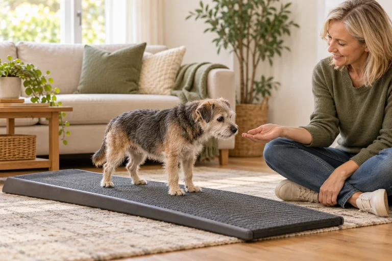 Owner offering a treat to a senior terrier standing on a dog ramp laid flat on the floor.