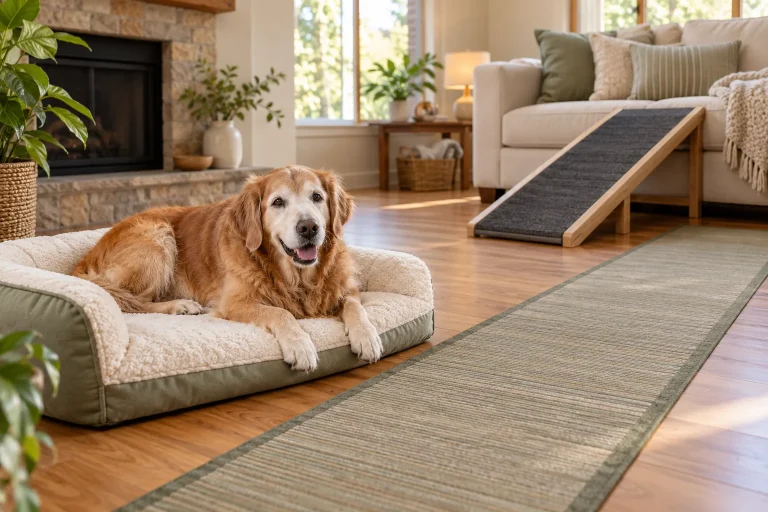 Senior golden retriever in a living room arranged with a low bed, nonslip runner and sofa ramp.