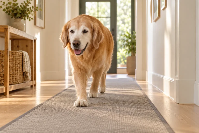 Senior golden retriever walking along a nonslip runner across a smooth oak floor.