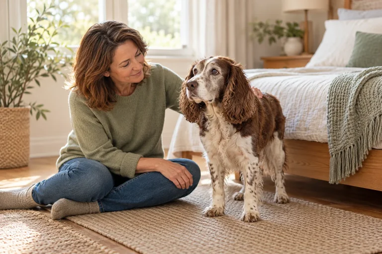 Owner attentively watching a senior spaniel standing on a nonslip mat.