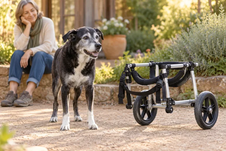 Senior dog standing beside a two-wheel rear-support mobility cart on a level garden path.